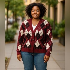 #2950 NWT BERKLEY JENSEN Argyle Patterned Burgundy and Black Women's Sweater